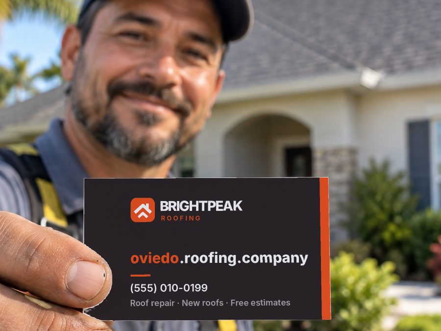 oviedo.roofing.company on a roofer's business card