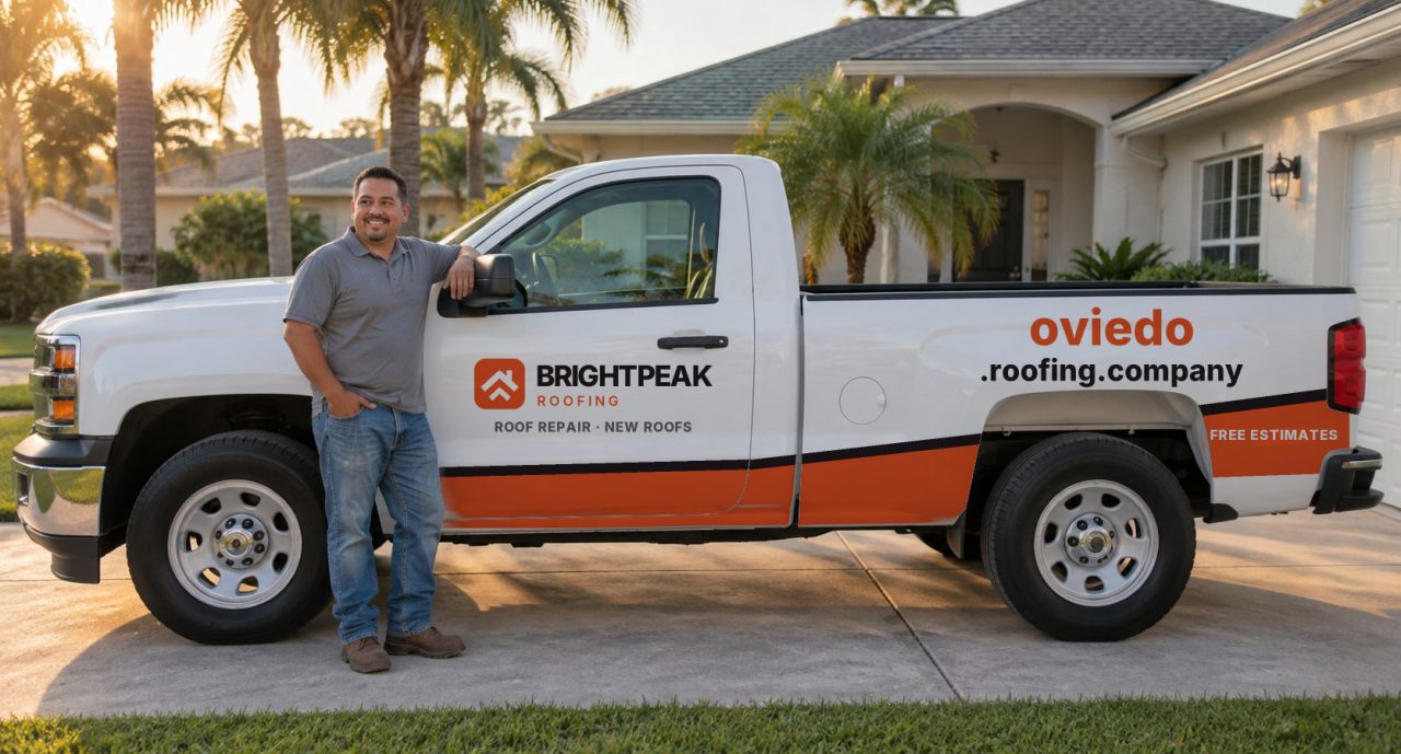 oviedo.roofing.company painted on the side of a white work truck