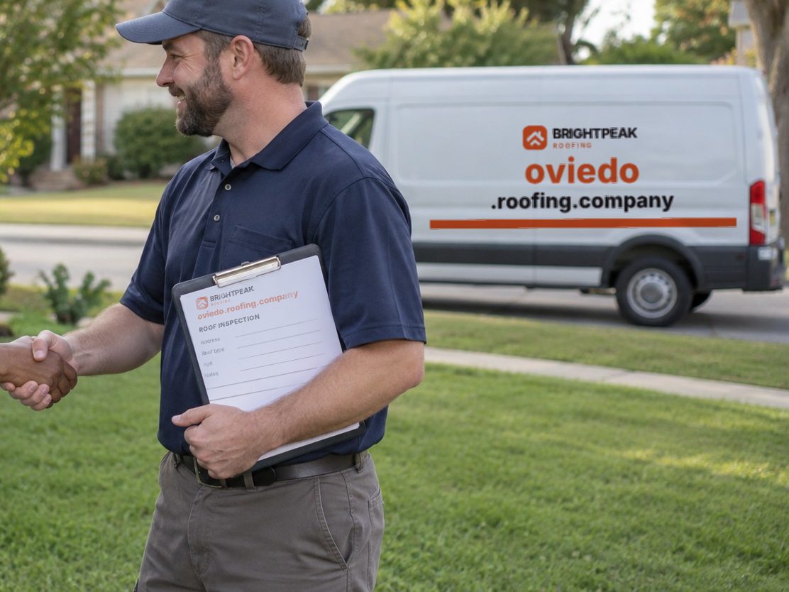 oviedo.roofing.company on a roofing van and an inspection form